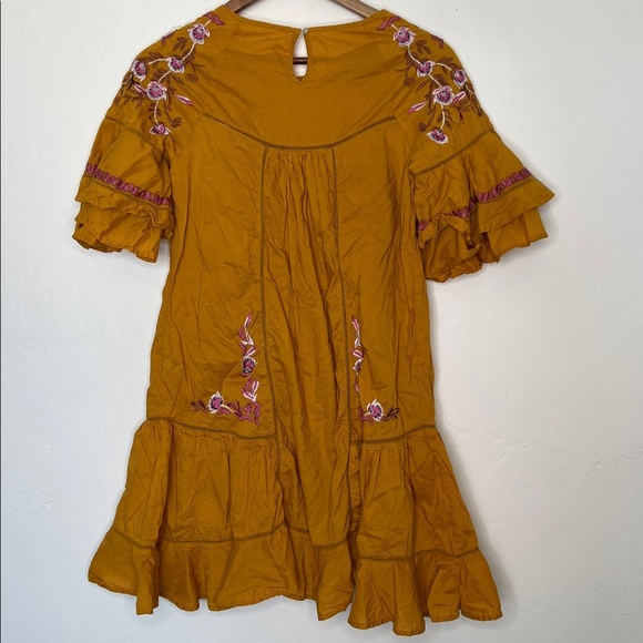 Free People Mini Dress Mustard Yellow Boho Embroidered Ruffle XS Hippie Festival - Picture 4 of 6